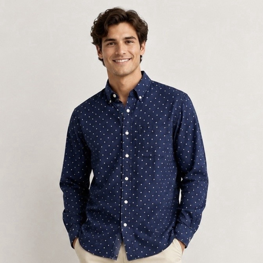 Abercrombie & Fitch 100% Linen Shirt Men L Navy Star Print Button Front Coastal